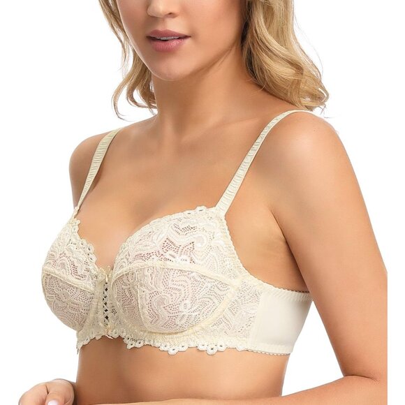Women's Champagne Sexy Lace Bra Non Padded Underwire Unlined Bra Full Coverage - Picture 2 of 6